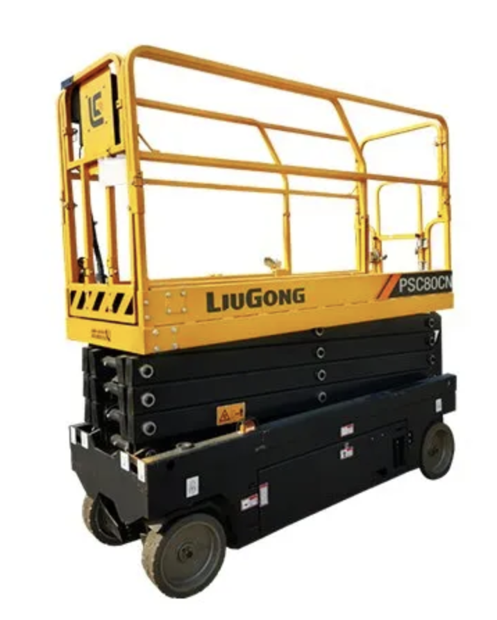 Plataforma Marca/Brand: LiuGong, Modelo/Model: S2646E, Altura de trabajo 10.06 Mts, Ancho total 1.19 Mts, Largo total 2.48 Mts, Capacidad de carga 449.96 Kg, Carga de trabajo segura con plataforma extendida 120.20 Kg, Bateria 225Ah, Cargador 24V30A, Velocidad, (retraida) 4.023 Km/Hr, Peso operativo 2639.90 Kgs