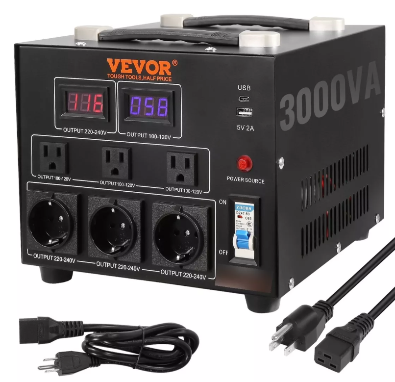Convertidor de potencia VEVOR, DYZHQ110V230VX4UMV1, 3000 W, unidad elevadora/reductora duradera, conmuta entre 110 V y 220 V, incluye tomas de corriente para EE.UU. y la UE, además de USB de 5 V, certificado CE.