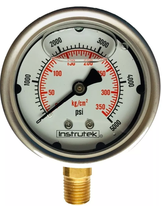 Manómetro de alta presión 0-5000 PSI, carátula 2.5", glicerina, conexión 1/4", Marca/Brand: Instrutek