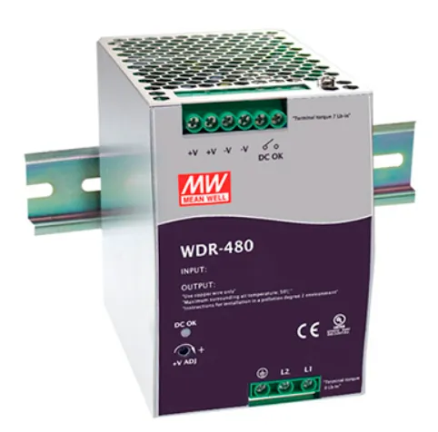 Fuente de Poder DIN Rail MeanWell, 180-550VAC, 480W, 24V, 20A, Modelo/Model:  WDR-480-24, Marca/Brand: MEAN WELL