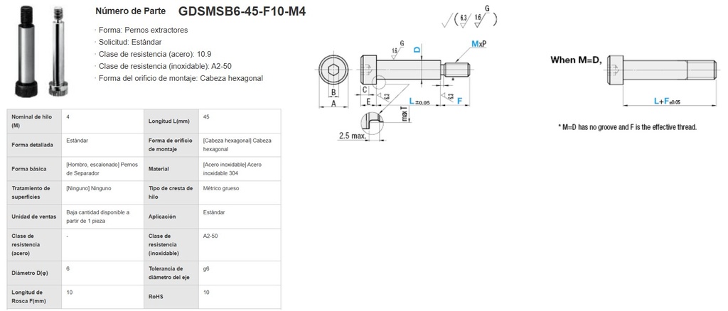 Tornillo de Hombro Guía Métrico, Marca/Brand: Misumi, Modelo/Model: GDSMSB6-45-F10-M4, Medidas: M4 x 45 mm, 6 mm diámetro, Acero inox 304