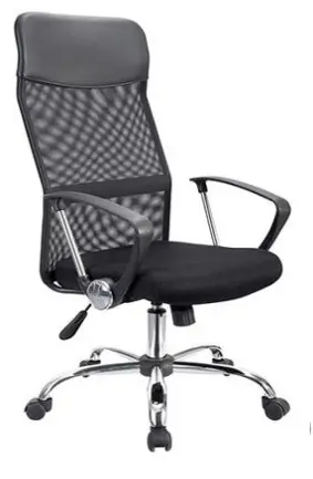 Silla Economalla Negro. Base: Estrella de 5 puntas en metal, terminada en cromo y con rodajas tipo dual. Elevación: Por medio de pistón neumático que permite ajustar la altura del asiento con terminado en cromo