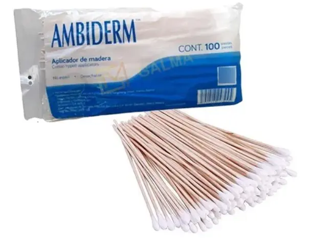  aplicadores de madera ambriderm , algodón 15cm c/100 piezas 