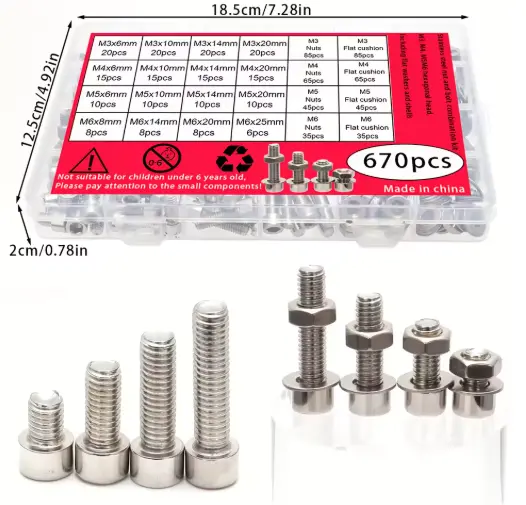 Juego combinado de tornillos y pernos Allen de acero inoxidable de 670 piezas | Cabeza hexagonal M3, M4, M5, M6