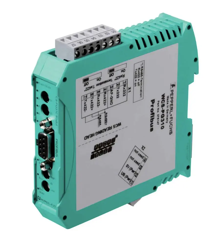 Pepperl & Fuchs WCS-PG210E MÓDULO DE INTERFAZ WCS, MONTAJE EN CARRIL DIN, INTERFAZ PROFIBUS, MTTFD 240 A, TM 20 A, CC 0 %, 24 V CC, 3,6 W, WCS- PG210E