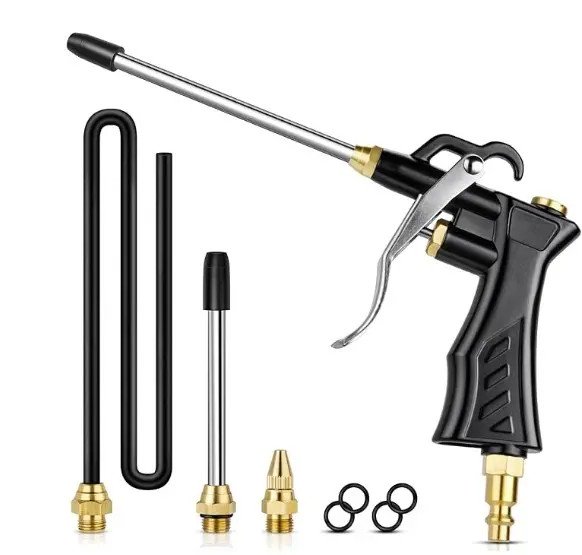 Pistola de soplado de aire de alto volumen con boquilla ajustable de latón, pistola sopladora industrial con 2 extensiones de acero y manguera universal de 13.7 pulgadas