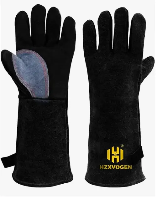 H HZXVOGEN Guantes de soldadura para chimenea, resistentes al fuego y al calor 932℉, de cuero ignífugo, para estufas, barbacoas, parrillas, hornos MIG/TIG 