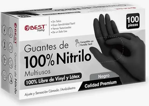 [140120260442] Guantes 100% Nitrilo Color Negro: Libres de Látex y Vinyl, Alta Calidad Premium, Tecnología Touchscreen. Comodidad, Seguridad y Funcionalidad en tus Manos, caja con 100 pares