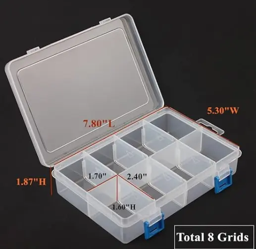 Cajas de almacenamiento de piezas de plástico y caja divisora ajustable para hardware y manualidades, 8 rejillas, transparente, Paquete de 3.