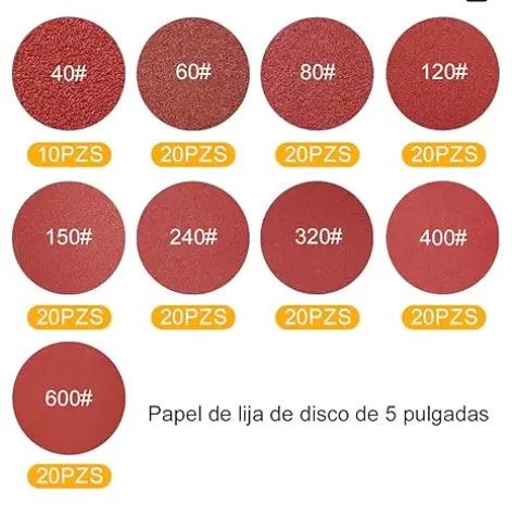 Lija para Taladro Redonda, Orbital Lijas de 5 Pulgadas, Incluye (40/60/80/120/150/240/320/400/600) Granularidad, Discos de Lija para Madera y Metal, 170 pz.