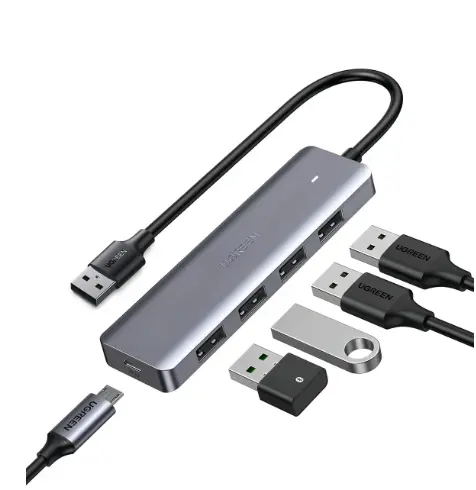HUB 4 en 1 UGREEN USB a 4 USB 3.0, 1 Micro USB 5Gbps Ultra delgado.