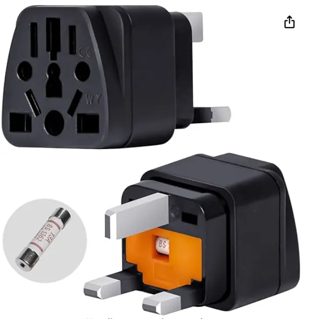 Adaptador ZEROUS  de Viaje Tipo G para Hongkong/Reino Unido - Pack de 2, Negro, Convierte US/JP/AU/EU/CN a UK, Universal con 3 Puntas, Seguro - Incluye Fusible 13A