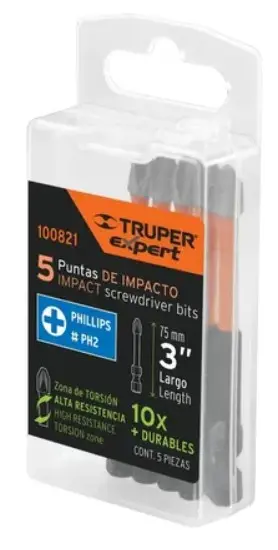 Estuche con 5 puntas de impacto de cruz (iguales), Truper, 100821, largo 3" (75 mm)