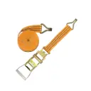 Eslinga con Matraca, Largo 16 Ft x Ancho 2 In, Gancho en "U", Color Naranja con Franjas Grises (Usado)