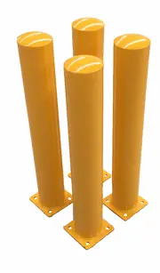 [050320260106] Bolardo para resguardo peatonal, fabricado en tubo  estructural  cédula 30, con una altura de 50 cm y un diámetro exterior de 11.4 cm. Placas de fijación de 5 mm de espesor. Color amarillo tráfico, franjas reflejantes de color blanco, taquetes tipo arpón de  1/2 pulgada de diámetro  por 11 cm de longitud.