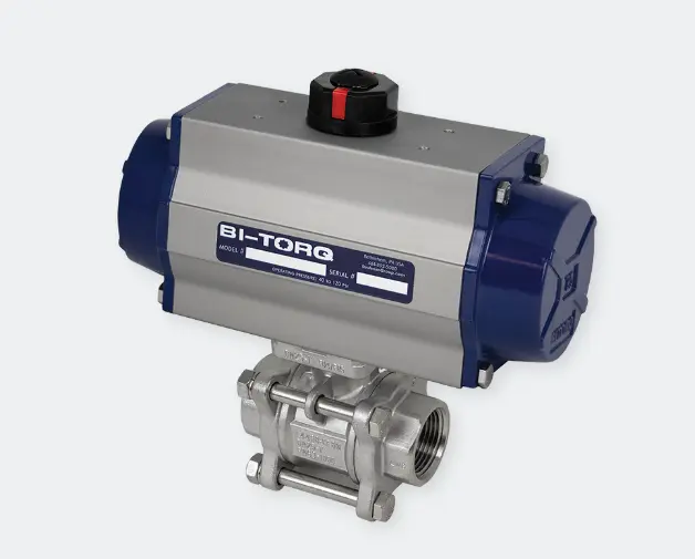 Válvula de bola BI-TORQ 2" 3 piezas SS NPT con Dbl. Neumático de acción. Actuador.