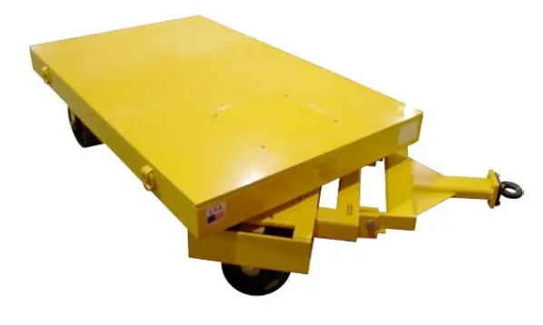 Industrial trailer, Green Valley, Dimensions: 3500mm long x 1200mm wide, 3000kg Capacity per unit, Leaf spring suspension with pneumatic tires, Steel top surface, Tongue with rotation function, Connection hitch on back of trailer