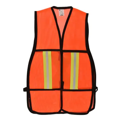 haleco de malla naranja unitalla, equipado con 4 cintas reflejantes (2 frontales y 2 posteriores) y sistema de ajuste frontal para mayor ergonomía.