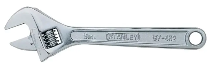 Llave ajustable STANLEY , 8" (200 mm), cromada, mandíbula ajustable, escala láser SAE y mm, acabado anticorrosión (87-432LA).