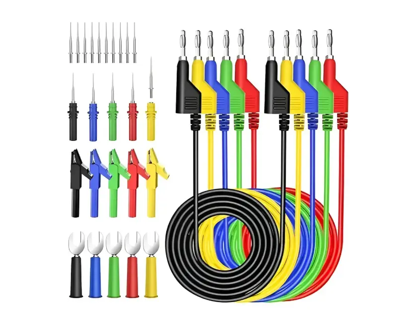 Kit De Cables De Prueba Para Multímetro 5 Piezas, Conectores Banana 4mm Apilables Con Cubierta De Silicona, Incluye Pinzas Cocodrilo, Horquillas Y Sondas Traseras De Prueba.