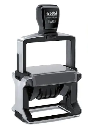Sell, Trodat, 5480, Placa de texto personalizada de 2" x 2.5" (50 x 80 mm) con fechador central metálico.