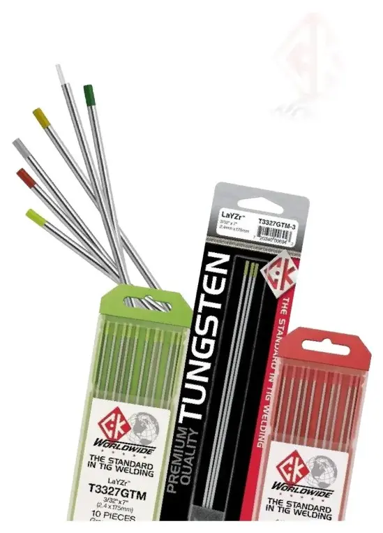 TIG Tungsten Electrode, 2% Ceriated (1.6 x 175 mm), CK Worldwide Brand, Model T1167GC2, 10-piece pack.