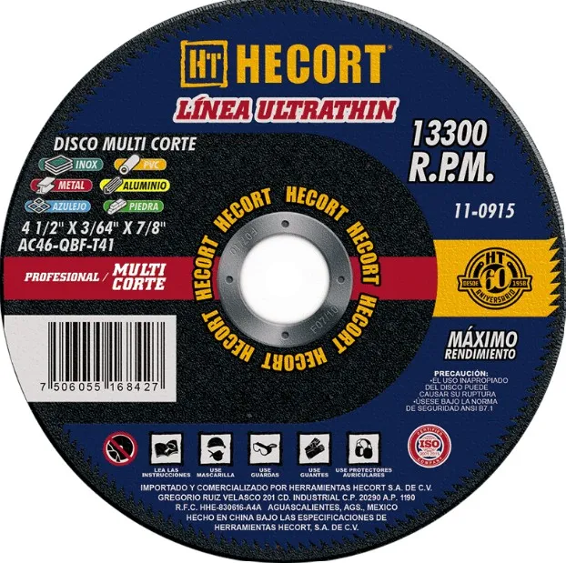 DISCO DE CORTE TIPO 41 4 1/2" X 3/64" X 7/8" HECORT ULTRATHIN 110915