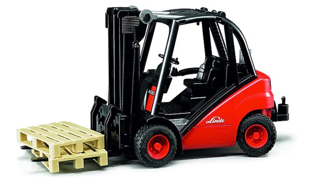 Juguete montable de Montacargas, BRUDER TOYS, Linde H30D, Incluye palés (tarimas).