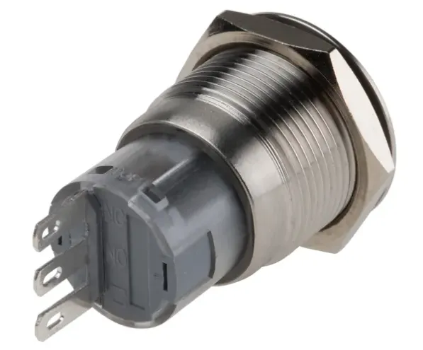 Interruptor De Botón Pulsador, RS PRO, Configuración: SPDT, Tipo De Acción: Enclavamiento (Manteniendo La Posición), Capacidad: 5A / 250 V ac, Diámetro De Montaje: 19 mm, Montaje: Panel, Grado De Protección: IP65 / IP67, Acabado: Cromo.