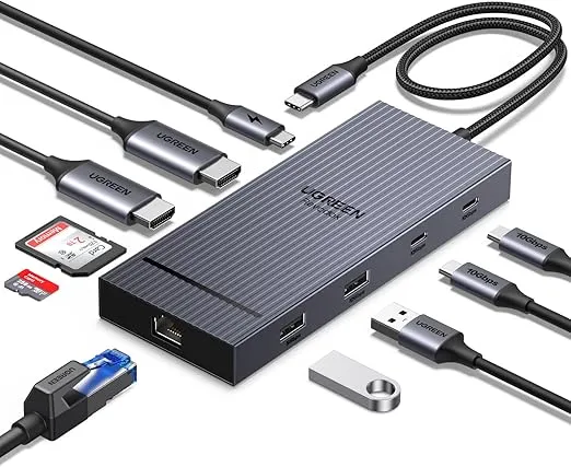 Revodok Pro 210 USB C HUB 2 HDMI, 10 en 1 Docking Station con 3 USB A, USB C 3.0, 100W Carga, Lector de Tarjetas SD TF, 1000M Ethernet, UGREEN