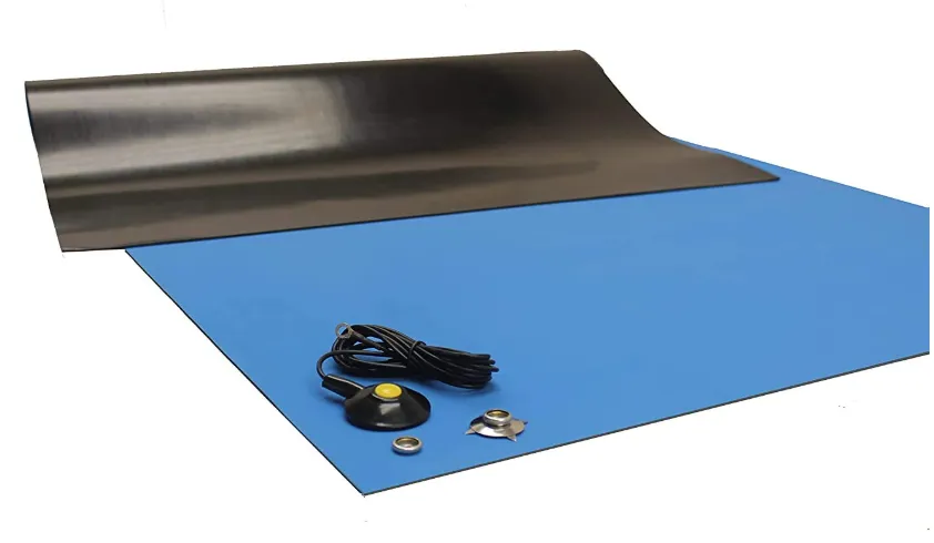 Alfombrilla de soldadura antiestática ESD de alta temperatura, 30 x 60 pulgadas (2.5 x 5 pies) - 0.08 pulgadas de grosor, con cable de tierra, azul