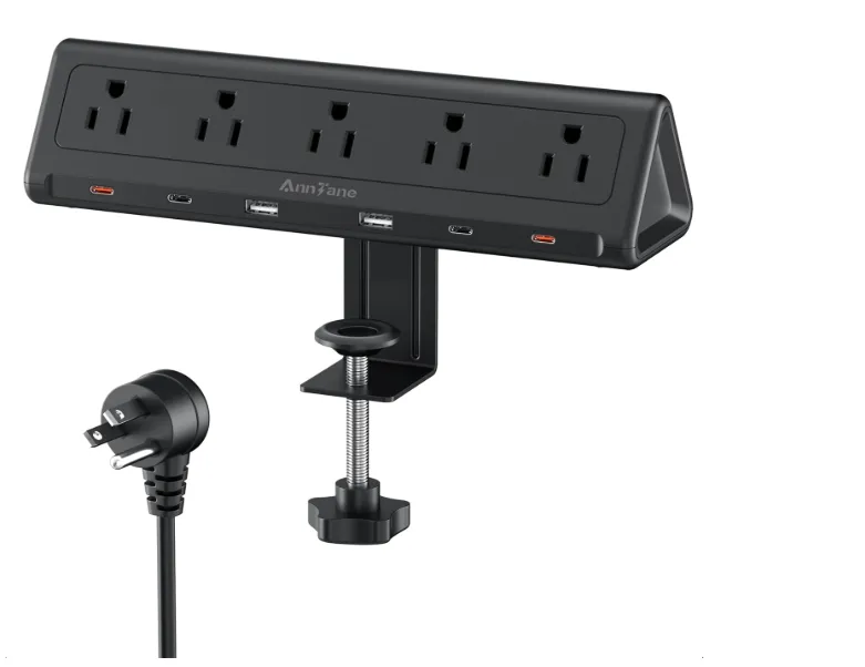 AnnTane Multicontacto Regleta Extension Electrica para Clip de Mesa, 40W Enchufe Plano Extension, 4PD 20W USB C Total estación de Carga rápida, 5 Salidas CA y 6 Puerto USB 1250J (Negro, 1.98M)