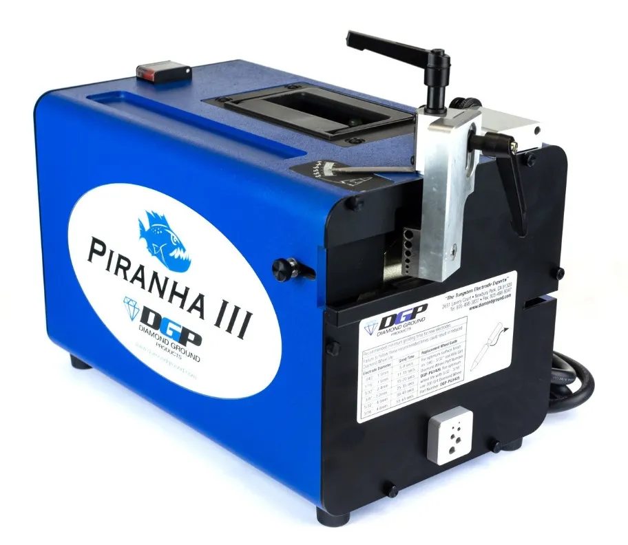 Piranha III (Gen. 2), Diamond Ground Products, DGP-PG3-A,  tungsten electrode grinder (grinds tungsten diameters .040”, 1/16”, 3/32”, 1/8”, 5/32” & 3/16”). Voltage/Frequency: 110V/60HZ