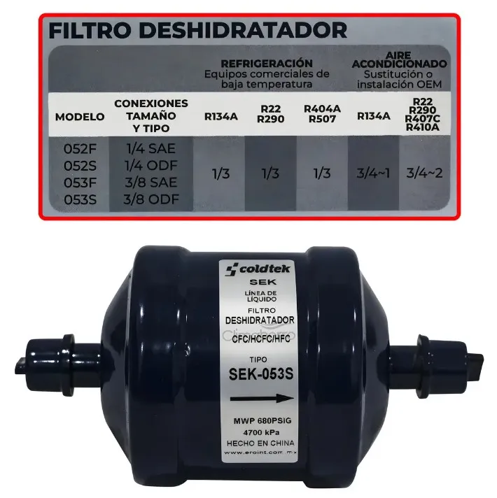 Filtro Deshidratador, Coldtek, SEK-053S, Refrigeración AC Soldable 3/8"