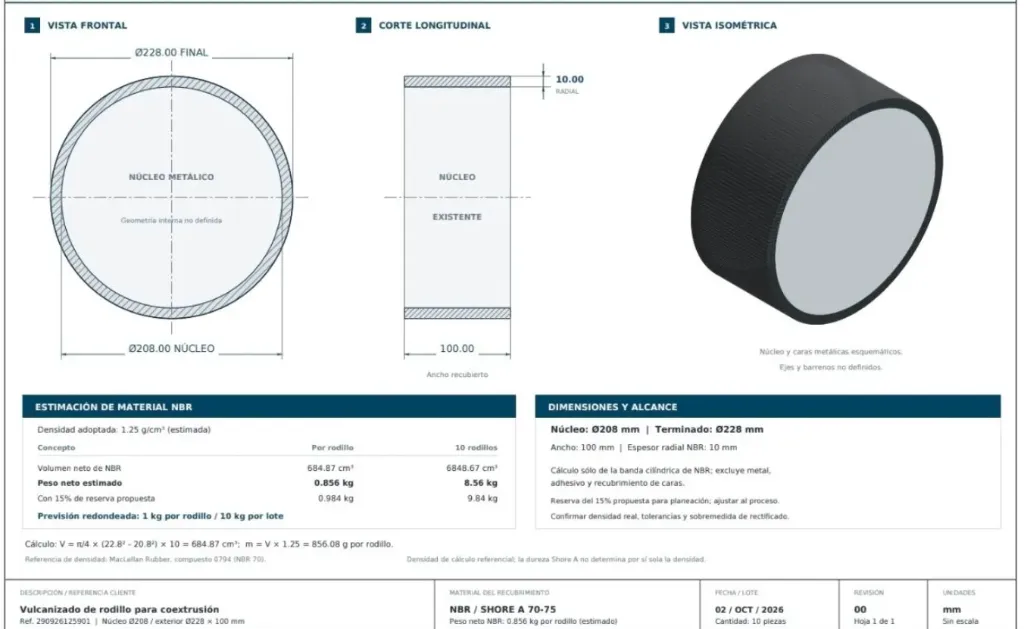Recubrimiento de rodillo en material NBR Shore A 70-75 (según plano adjunto)