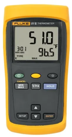 Termómetro de contacto Fluke, Fluke-51-2, 1 entrada J/K/T/E; K: -200 a 1372 grados C; Min/Max/Prom, pantalla retroiluminada; rechazo de ruido 50/60 Hz; 3 baterias AA; CAT I; incluye funda y sonda 80PK-1 de -40 a 260 grados C
