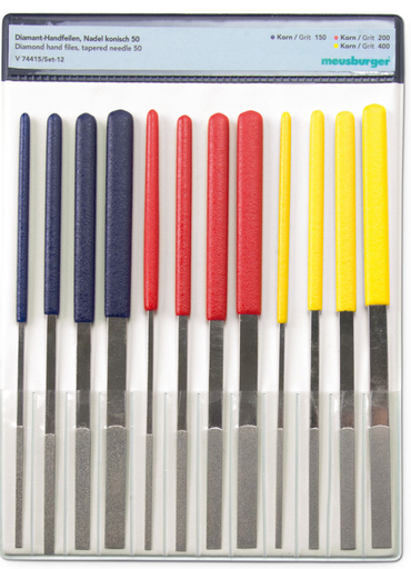 [161023111825] JUEGO DE 12 LIMAS DE DIAMANTE PLANAS CON DIFERENTE GRANO Y ANCHO Y MANGO DE COLORES, Modelo/Model: V74415/SET12, Marca/Brand: Meusburger