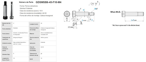 [090425013720] Tornillo de Hombro Guía Métrico, Marca/Brand: Misumi, Modelo/Model: GDSMSB6-45-F10-M4, Medidas: M4 x 45 mm, 6 mm diámetro, Acero inox 304