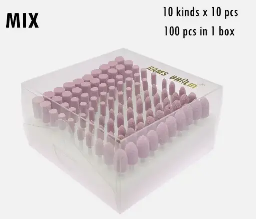 [CMP03M Pink MIX] Abrasive Stone Honing Grinding Head Set Die Grinder Polishing Tools, 100 Pcs/box, Head Diameter 4mm - 10mm, Rams Bralin, CMP03M Pink MIX