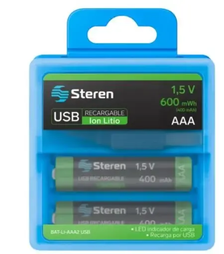 [BAT-LI-AAA2] batería recargable Steren BAT-LI-AAA2, usb li-Ion tipo AAA de 600 mwh